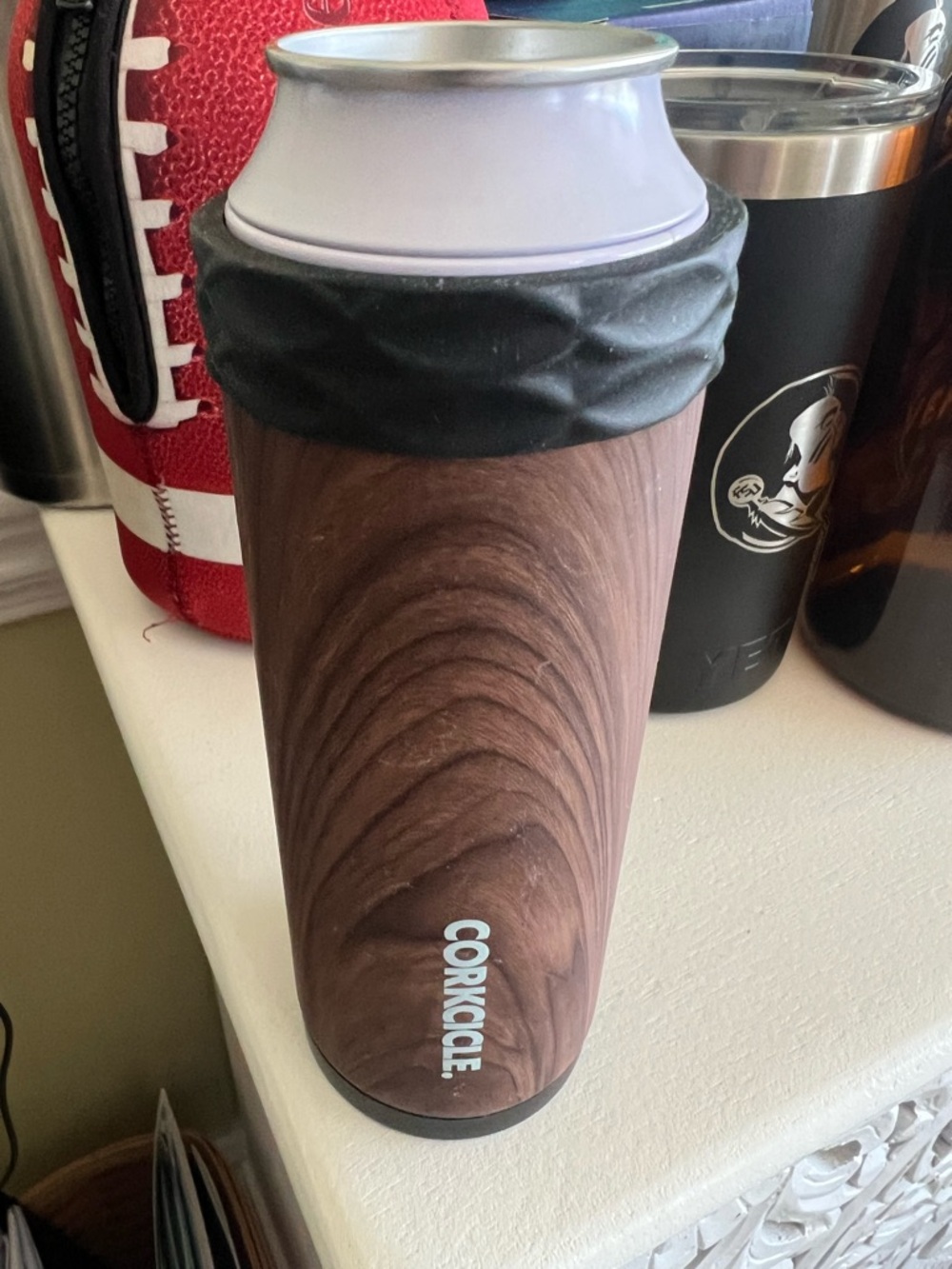 New Corkcicle Slim Arctican Can Cooler in Woodgrain Brown with Black Trim